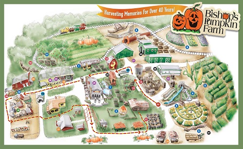Attractions Map for Bishops Pumpkin Patch in Wheatland, CA, showing location of  pgi races, gem stone mining, train, tree house, great pumpkin, gift shop, Pigadelli Square restaurants, BBQ, corn maze, antique tractors, and much more! 
